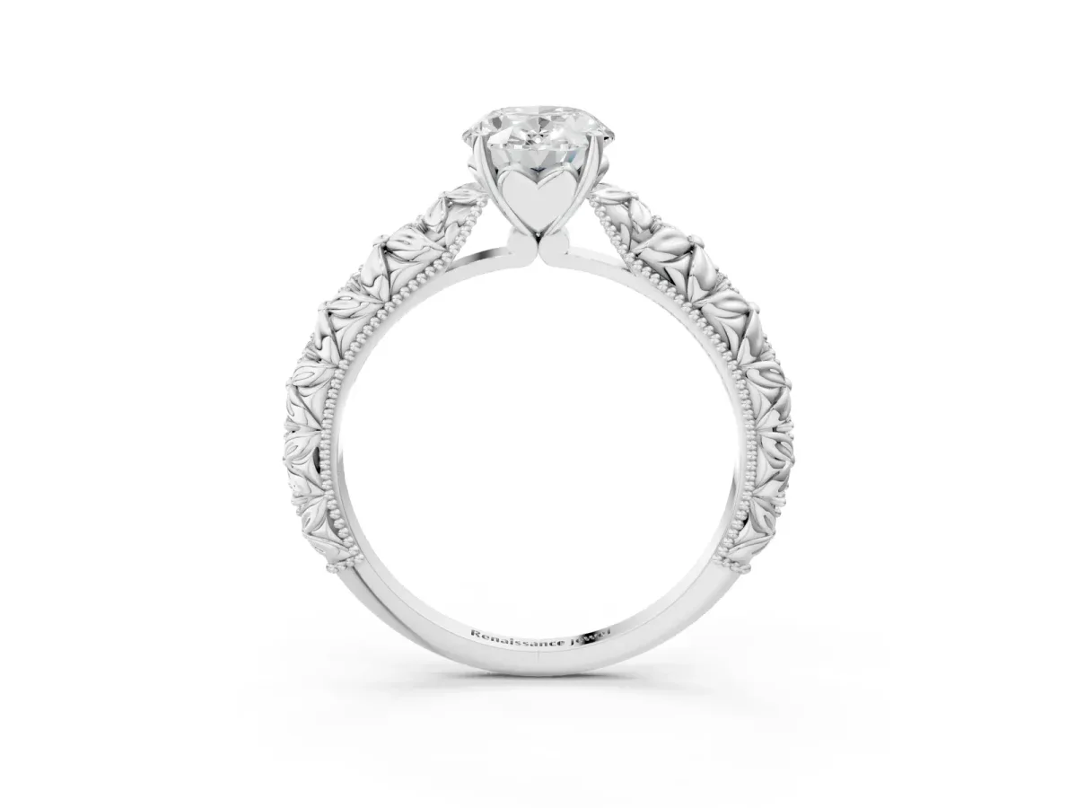 Oval Cut Solitaire Floral Milgrain Engagement Ring Platinum