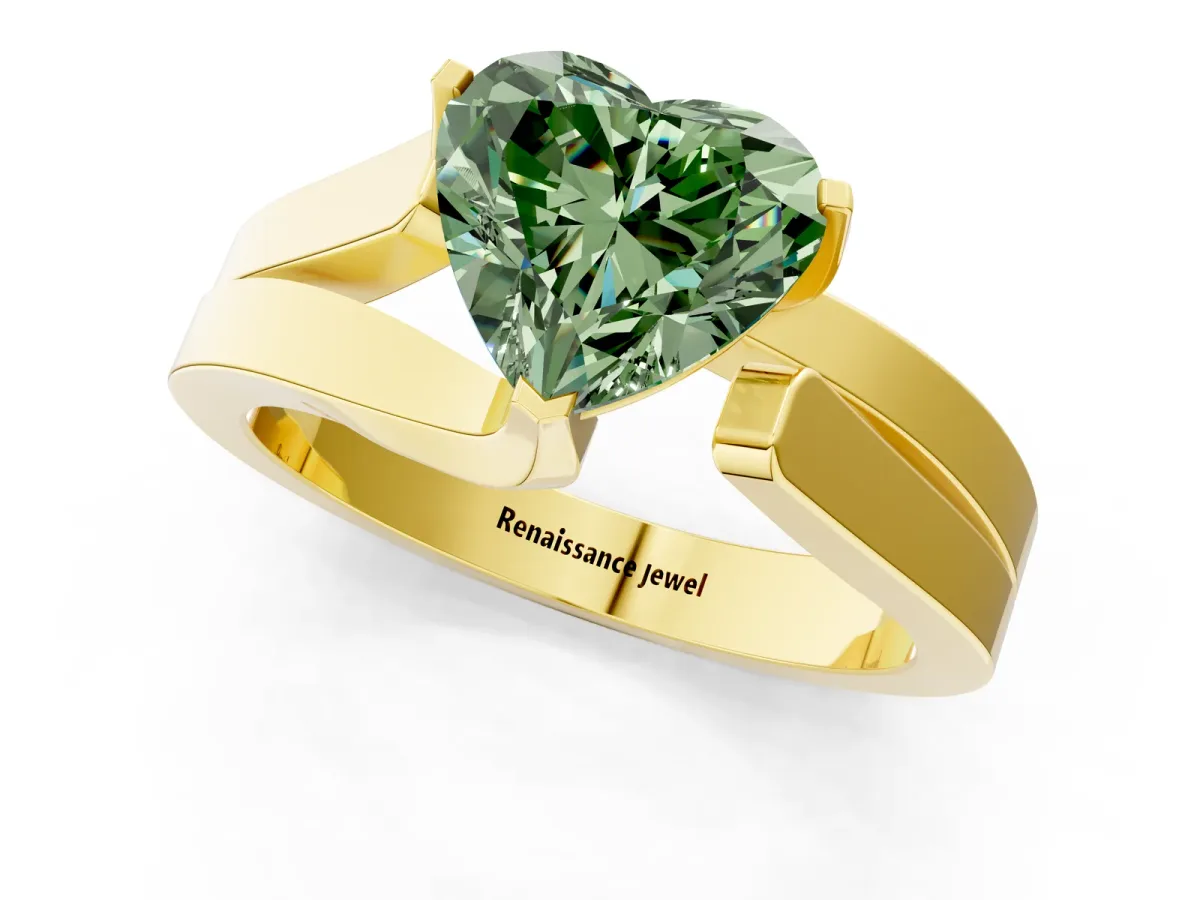 Fancy Green Modern Tension Set Heart Cut Diamond Solitaire Wide Band Ring Yellow gold