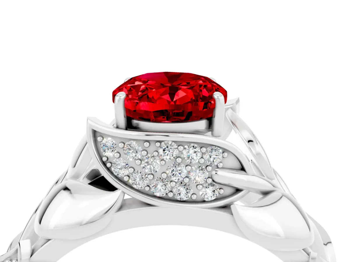 Oval Cut Ruby Leaf-Inspired Engagement Ring with Round Accents and Prong Setting White gold