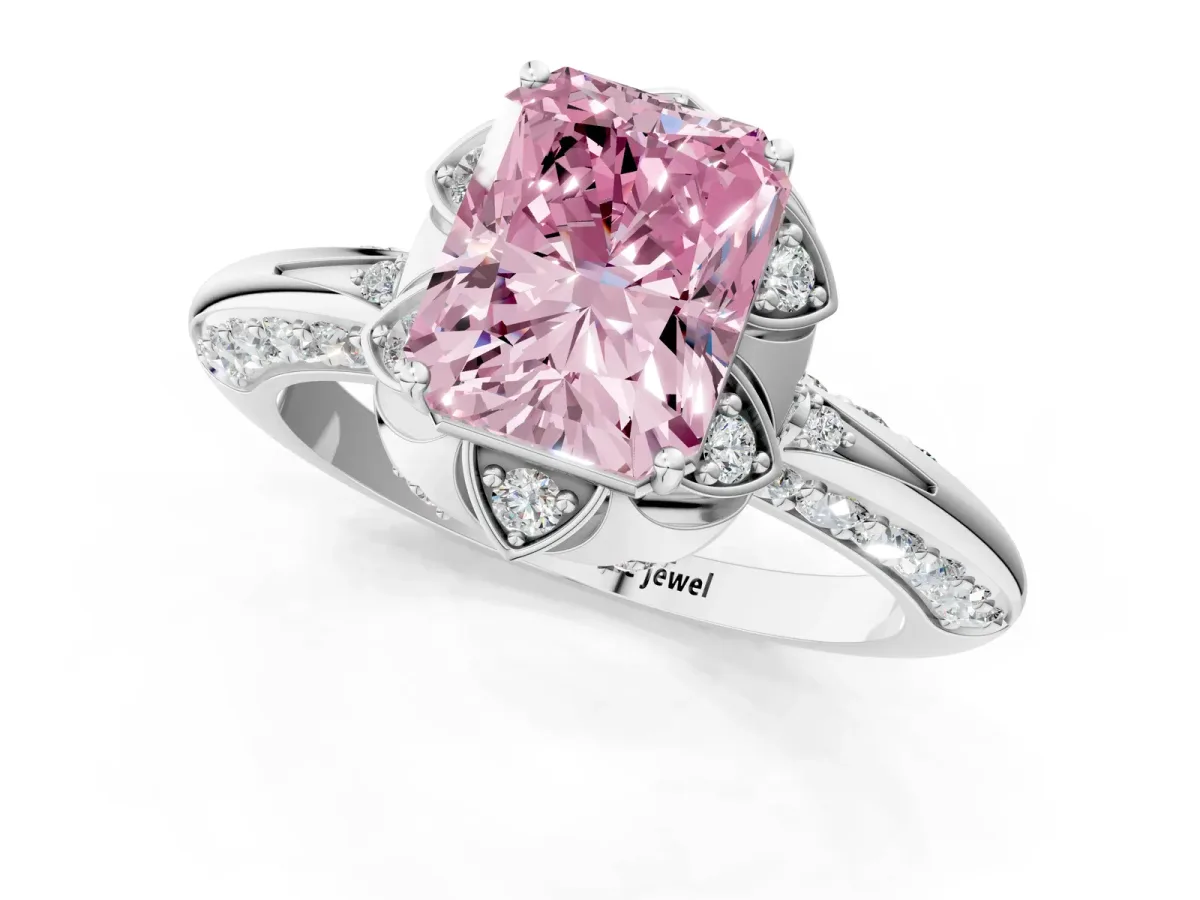 Fancy Pink Radiant Cut Halo Split Shank Pave Diamond Ring with Petal Prong Setting Platinum
