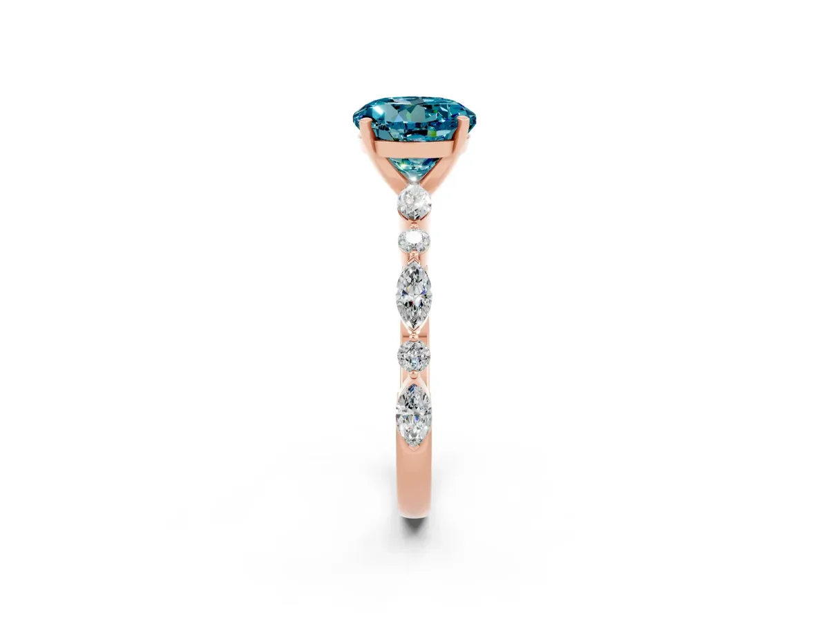 Round Cut Blue Topaz Ring with Marquise and Round Side Stones and Four-Prong Setting Rose gold