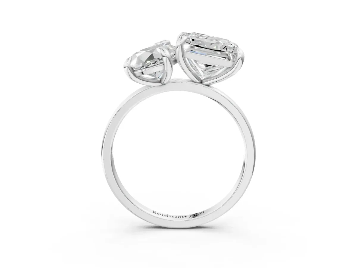 Pear and Princess Toi Moi Ring with Prong Setting and Plain Band Platinum