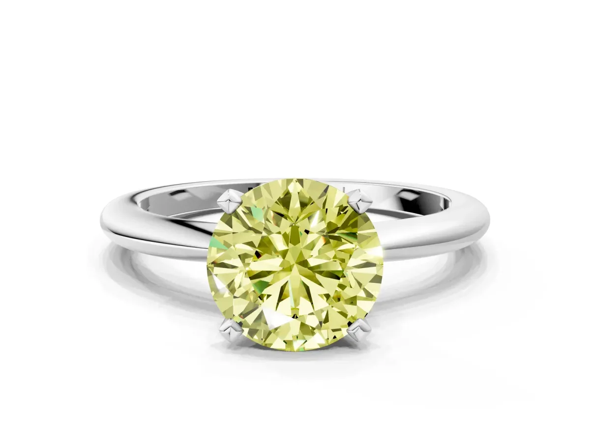 Fancy Yellow Round Cut Diamond Solitaire Ring with Six-Prong Setting and Classic Band Silver