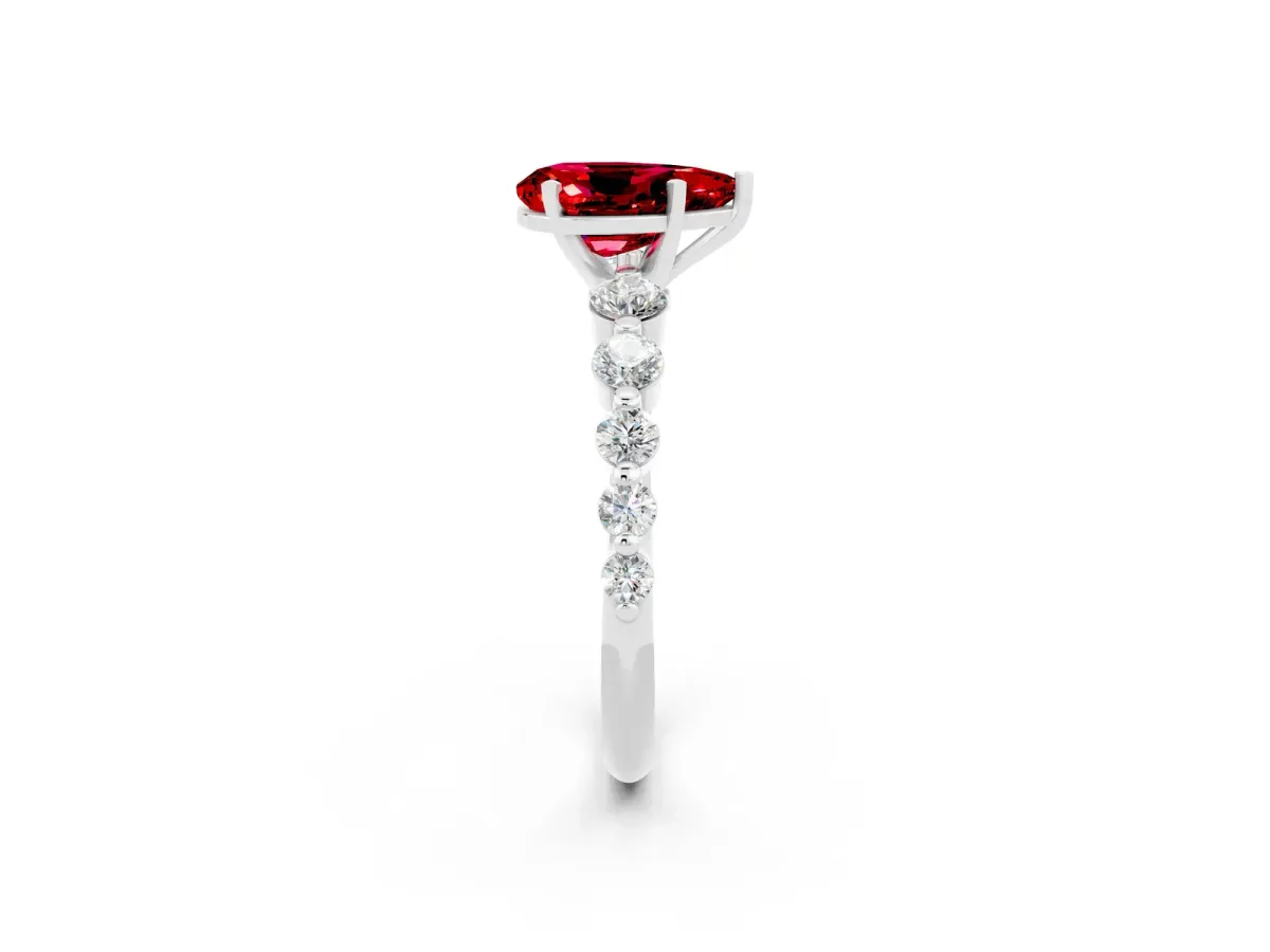 Pear Cut Solitaire Ruby Ring with Pave Band and Four-Prong Setting White gold