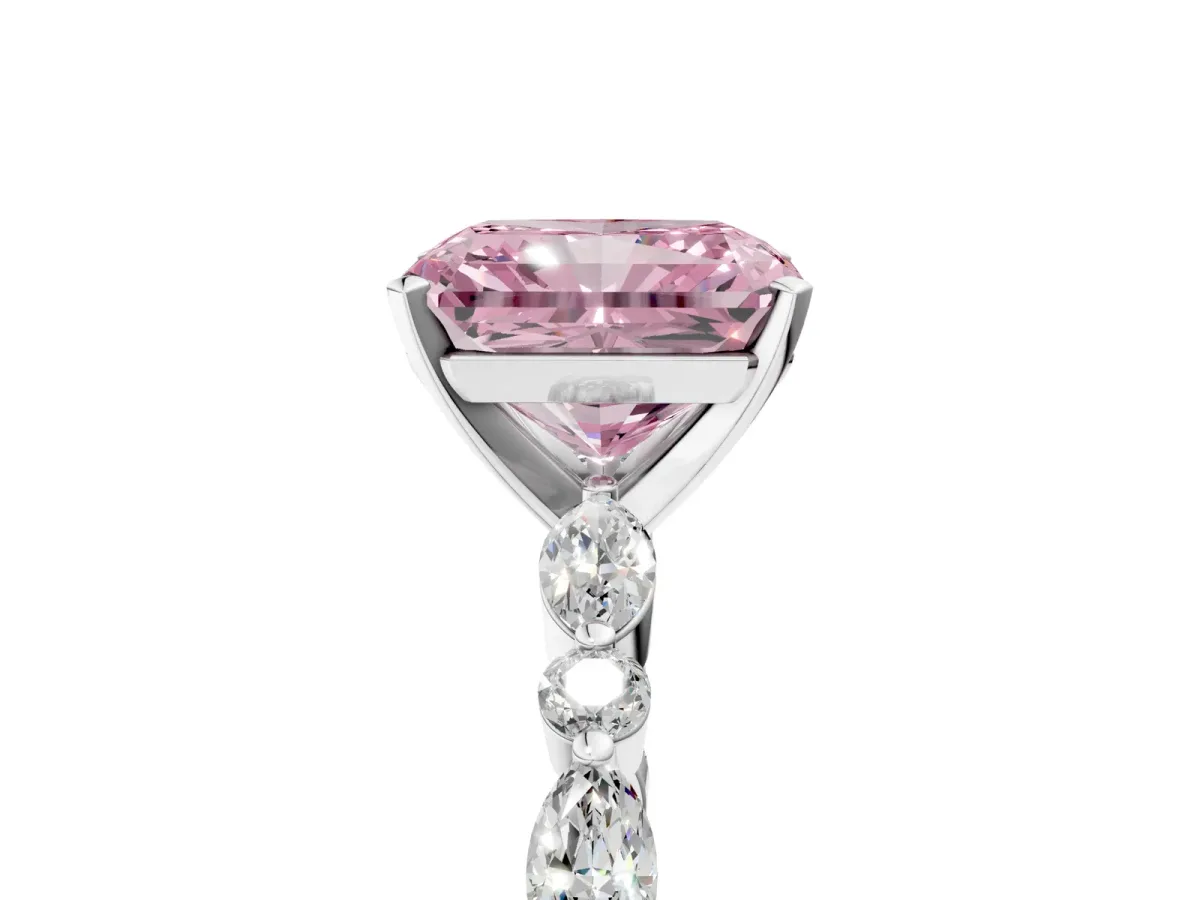 Fancy Pink Radiant Cut Diamond Ring with Marquise and Round Side Stones and Four-Prong Setting White gold