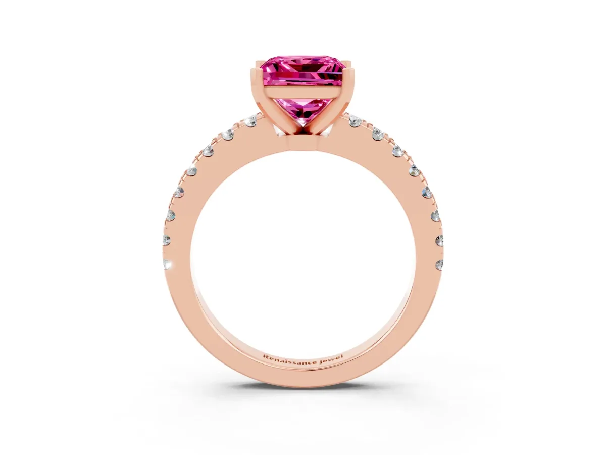 Princess Cut Solitaire Pink Sapphire with Pavé Band and Four-Prong Setting Rose gold