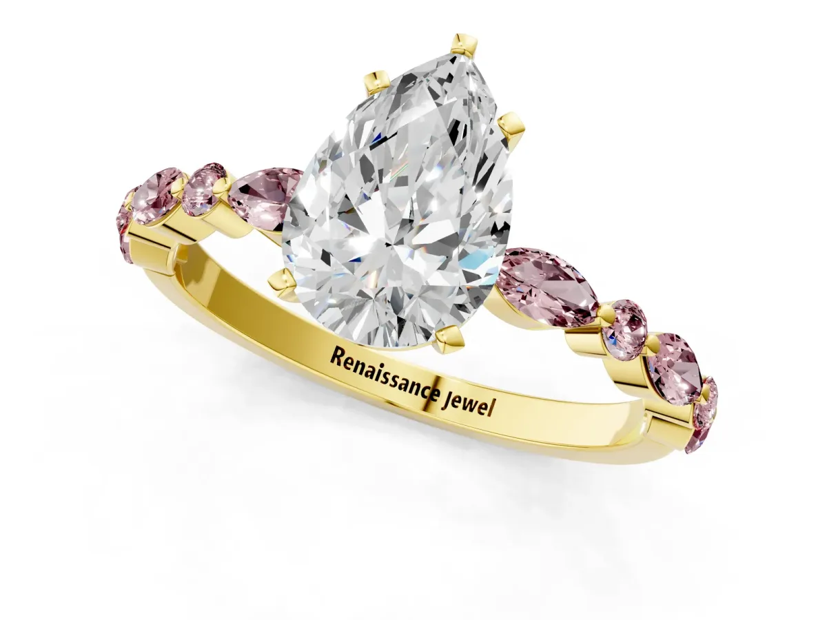 Pear Cut Diamond Ring with Marquise and Round Morganite Side Stones and Four-Prong Setting Yellow gold