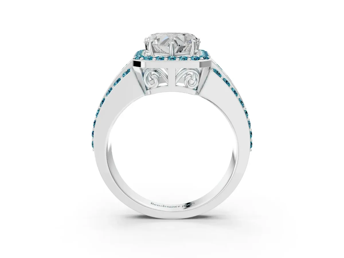 Heart Cut Halo Diamond Ring with Round Blue Topaz Split Shank and Prong Setting Silver