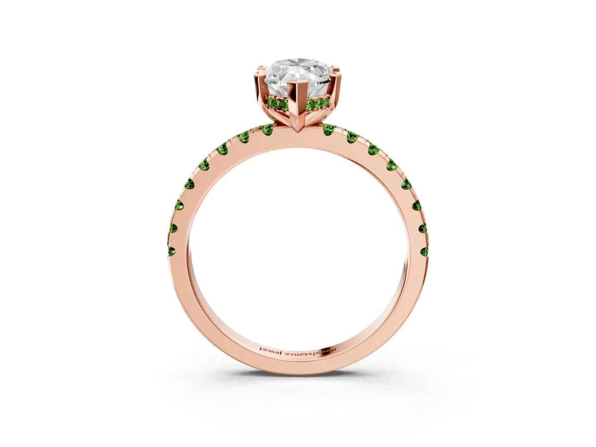 Marquise Cut Diamond Solitaire Ring with Round Peridot Pavé Band and Four-Prong Setting Rose gold