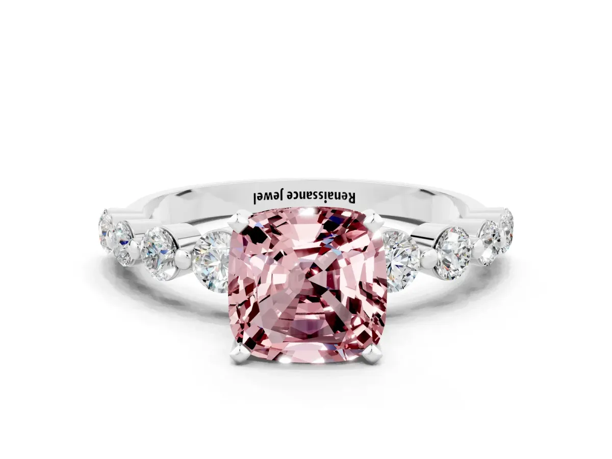 Cushion Cut Solitaire Morganite Ring with Pave Band and Four-Prong Setting Silver