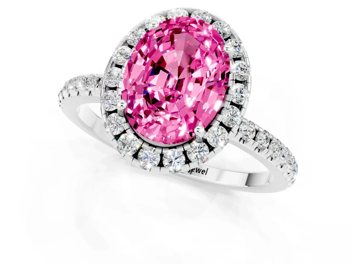 Oval Cut Pink Sapphire Halo Ring with Round Pavé Band and Prong Setting White gold