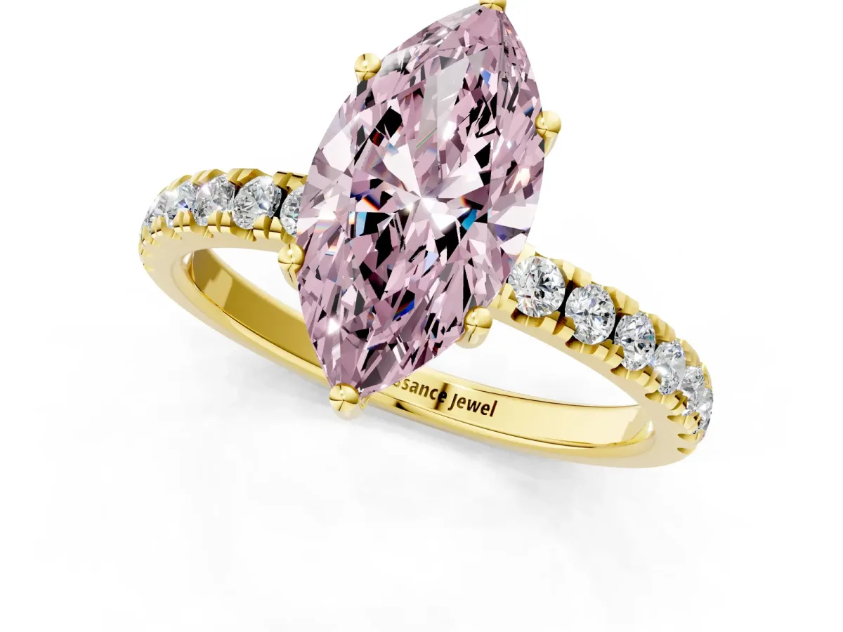 Fancy Pink Marquise Cut Diamond Pave Band Solitaire Ring with Round and Prong Setting Yellow gold