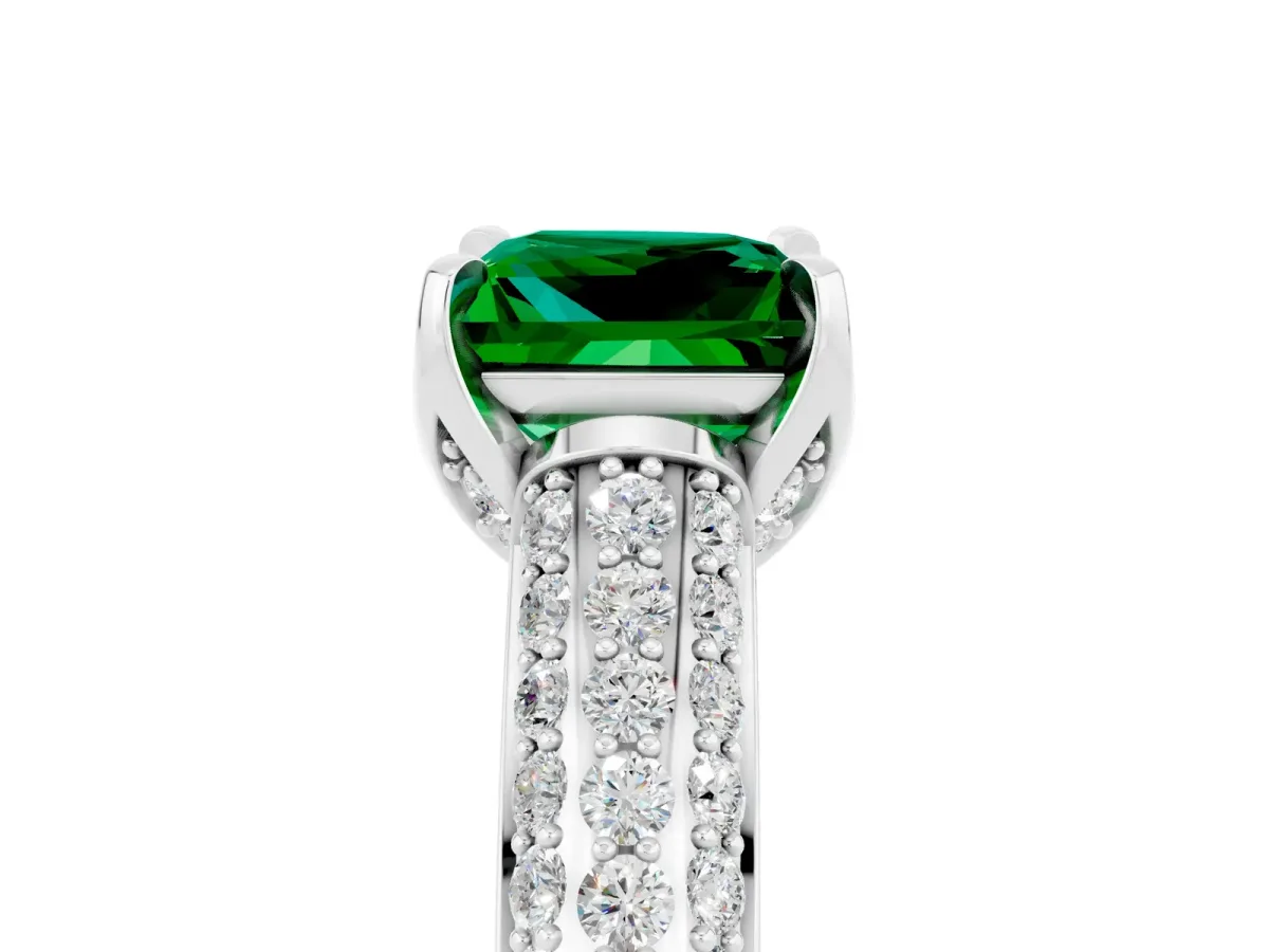 Princess Cut Emerald Solitaire Ring with Three-Row Pavé Band and Four-Prong Setting Platinum