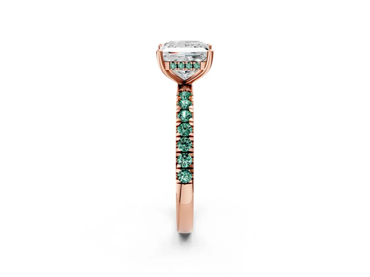 Princess Cut Diamond Pave Band Solitaire Ring with Round Green Sapphire and Prong Setting Rose gold