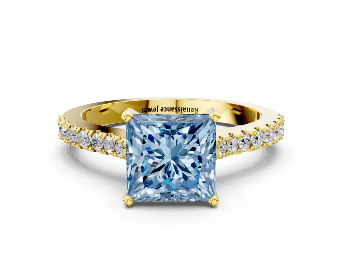 Fancy Blue Princess Cut Cut Solitaire Diamond Engagement Ring with Pave Band and Four-Prong Setting Yellow gold