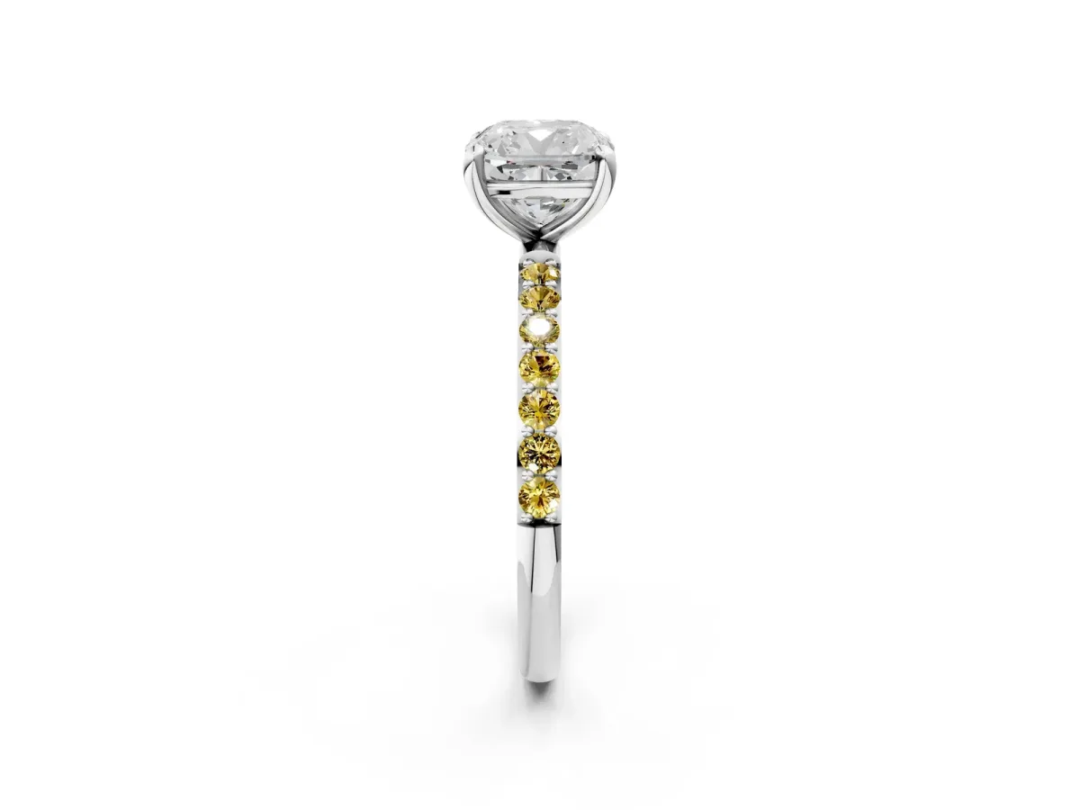 Cushion Cut Diamond Solitaire Ring with Round Yellow Sapphire Pavé Band and Prong Setting White gold