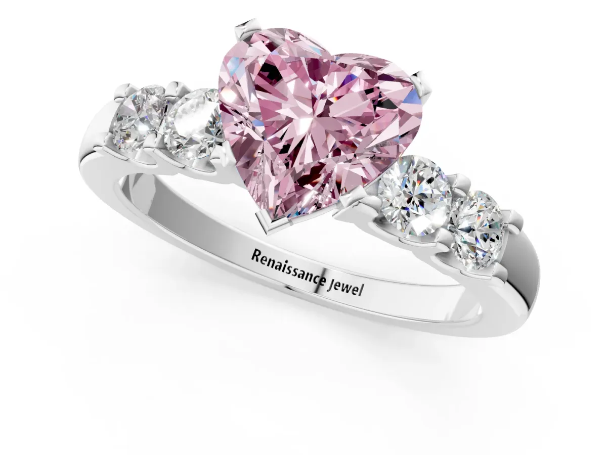 Fancy Pink Heart Cut Brilliant Cut Diamond Five-Stone Prong Set Engagement Ring with Channel Band Platinum