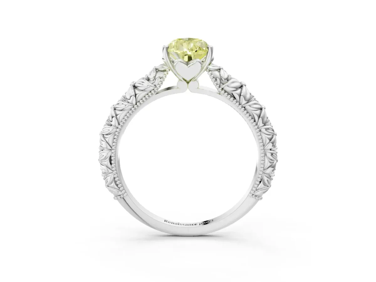 Fancy Yellow Pear Cut Solitaire Floral Milgrain Engagement Ring Platinum