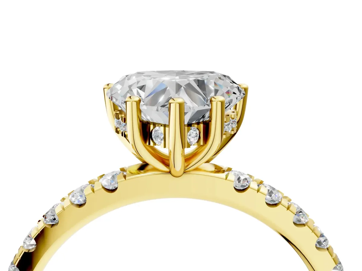 Heart Cut Diamond Pave Band Solitaire Ring with Round Moissanite and Prong Setting Yellow gold