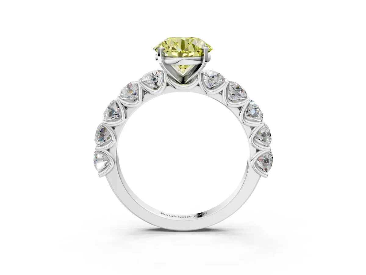 Fancy Yellow Round Cut Diamond Prong Setting with Side Stones on a Pave Band Silver