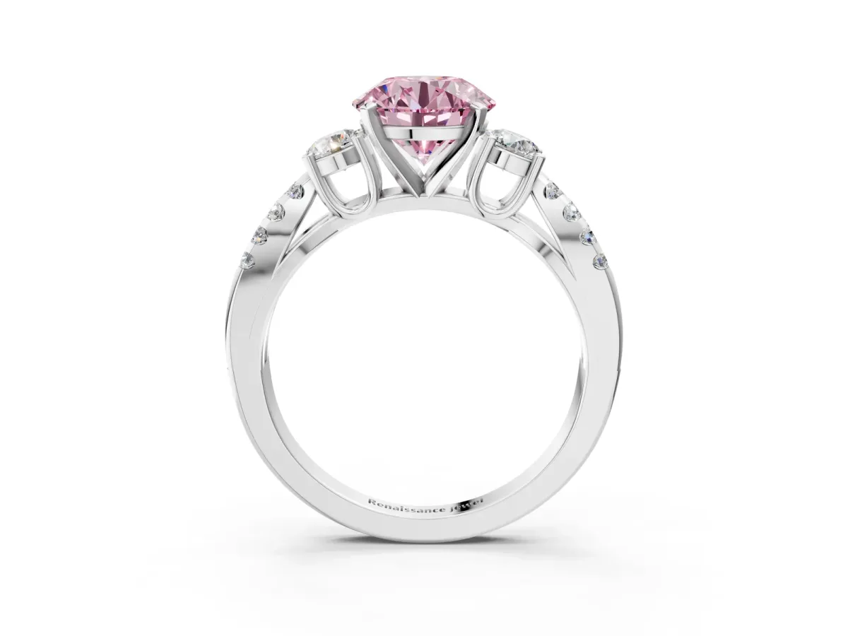 Fancy Pink Round Cut Diamond Three-Stone Ring with Pavé Split Shank and Four-Prong Setting Silver