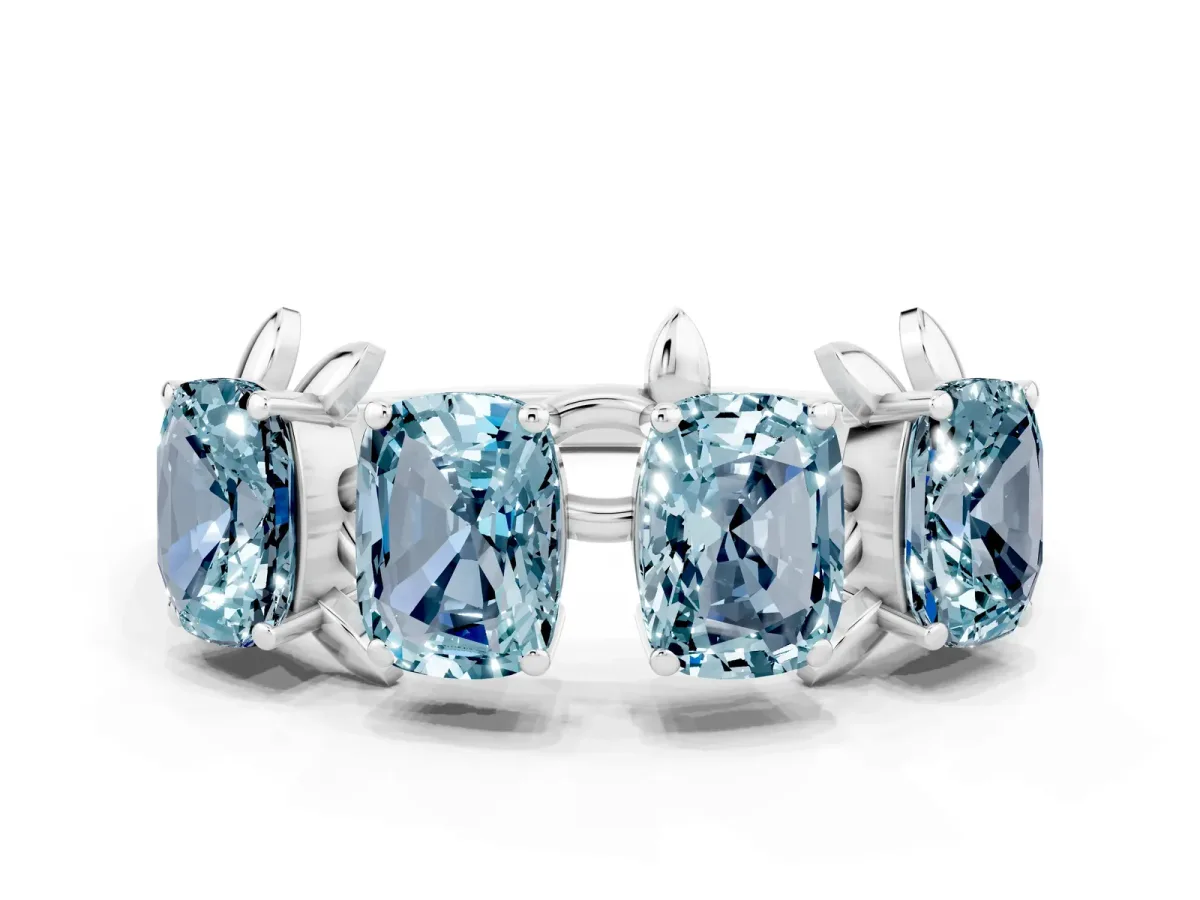 Four-Stone Elongated Cushion Aquamarine Band with Nature-Inspired Prong Setting Platinum