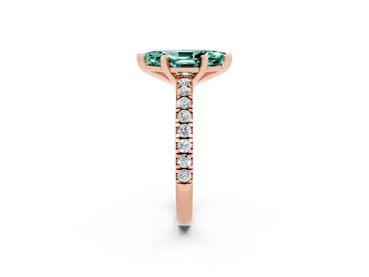 Marquise Cut Solitaire Green Sapphire with Pavé Band and Four-Prong Setting Rose gold