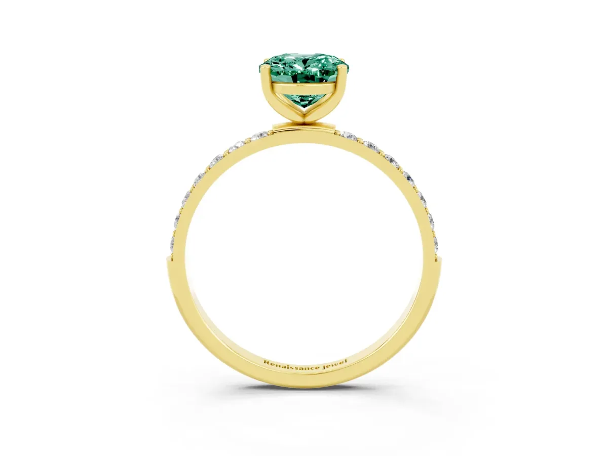 Oval Cut Green Sapphire Solitaire Ring with Round Pavé Band and Prong Setting Yellow gold
