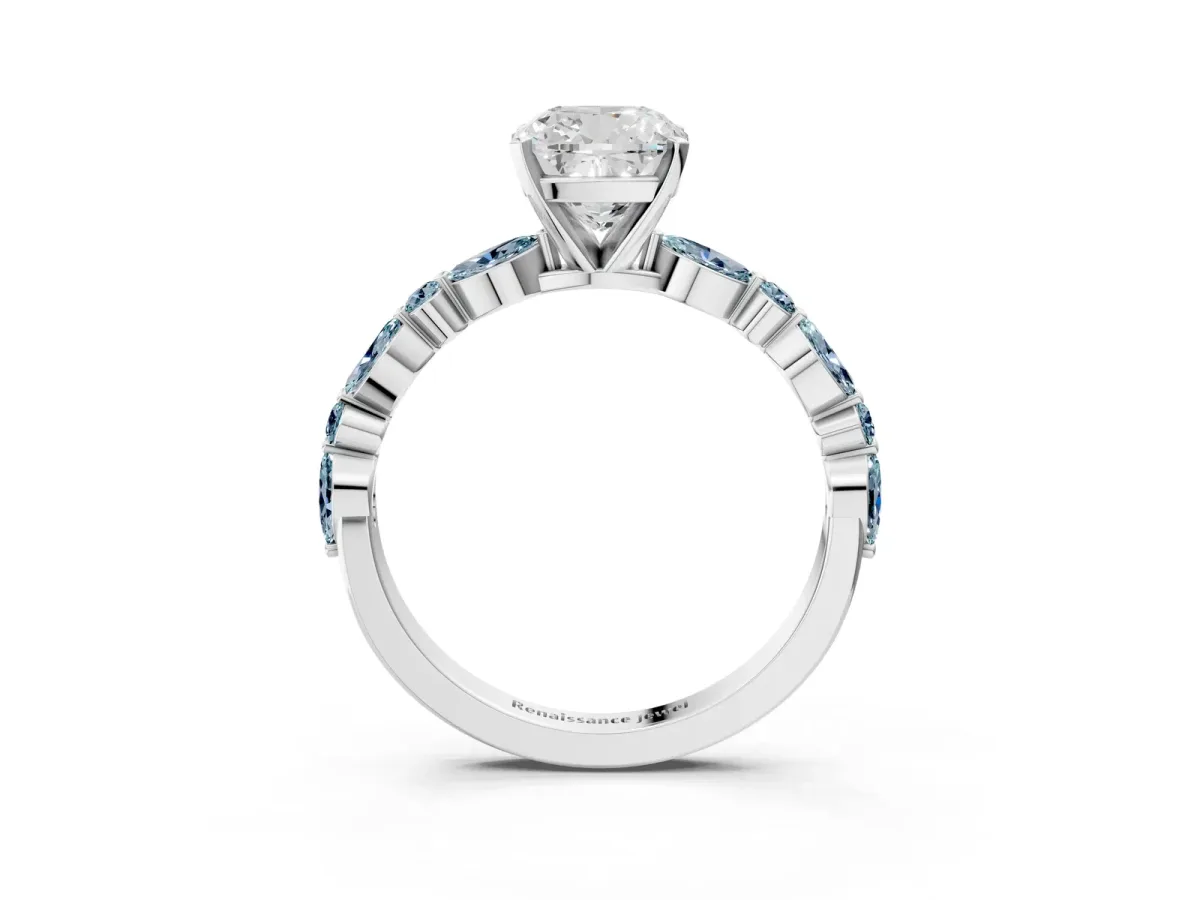 Cushion Cut Diamond Ring with Marquise and Round Aquamarine Side Stones and Four-Prong Setting Platinum