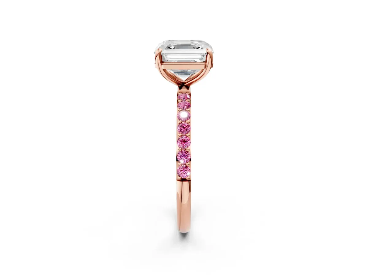 Asscher Cut Diamond Solitaire Ring with Round Pink Sapphire Pavé Band and Prong Setting Rose gold