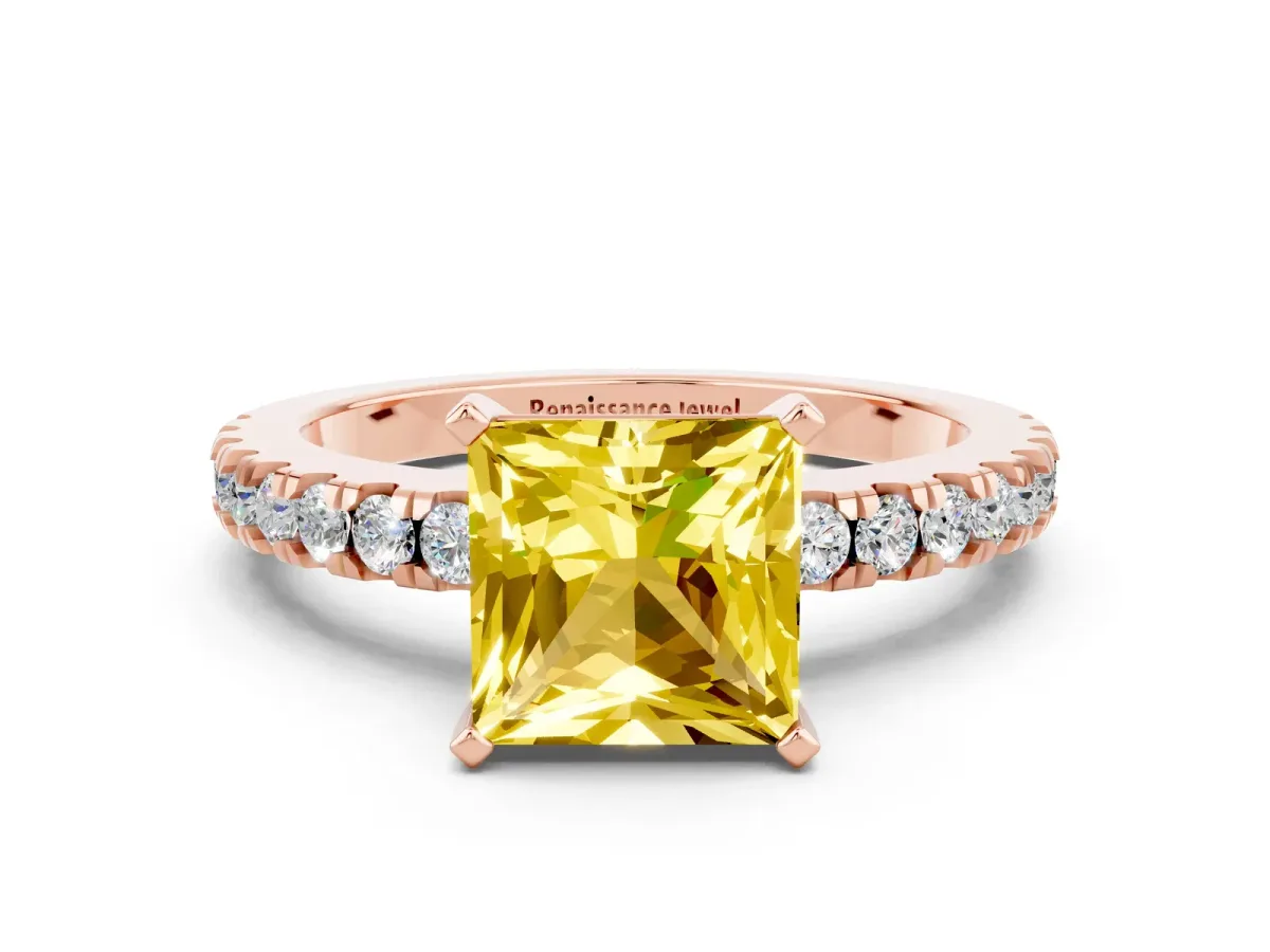 Princess Cut Solitaire Yellow Sapphire with Pavé Band and Four-Prong Setting Rose gold
