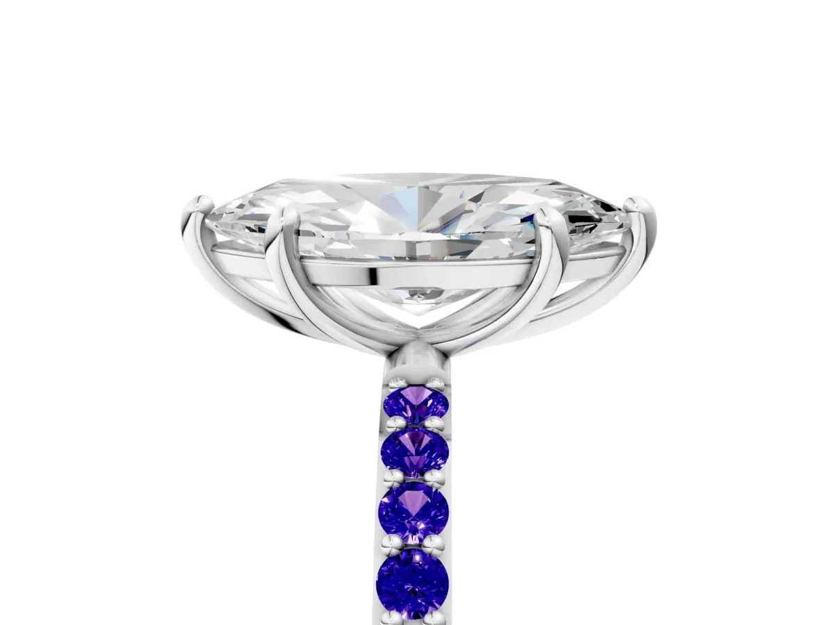 Marquise Cut Diamond Solitaire Ring with Round Tanzanite Pavé Band and Prong Setting White gold