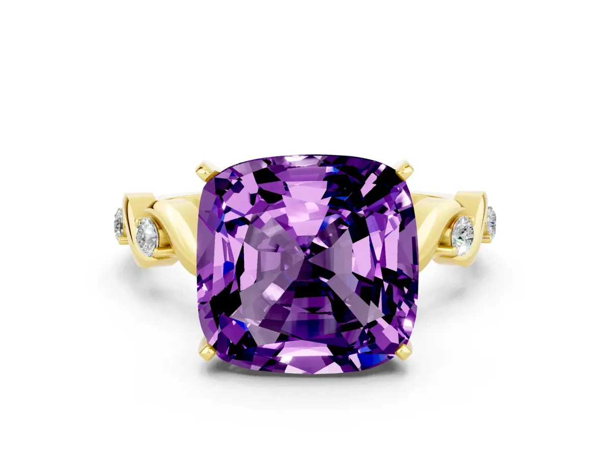 Cushion Cut Amethyst Solitaire Twisted Band with Round Accents and Prong Setting Yellow gold