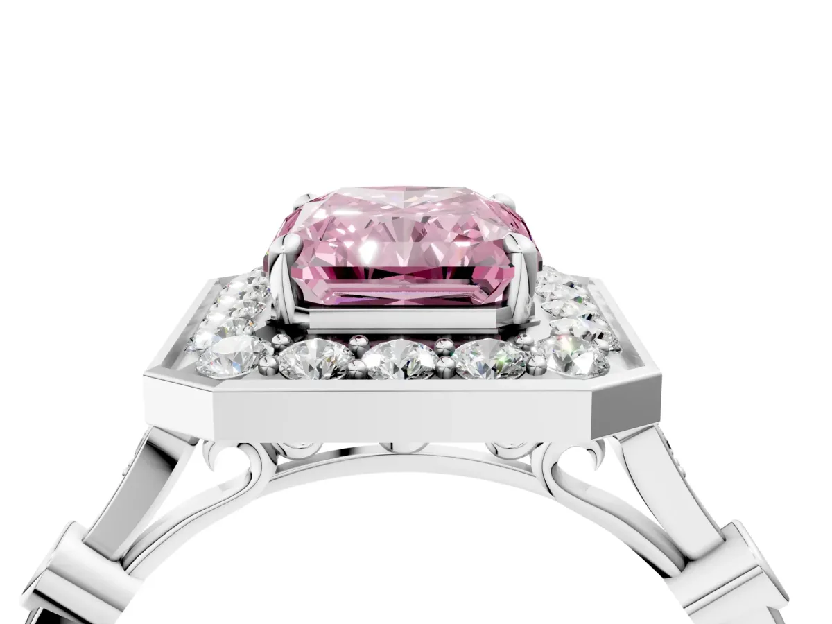 Fancy Pink Radiant Cut Halo Diamond Engagement Ring with Twisted Band and Four-Prong Setting Platinum