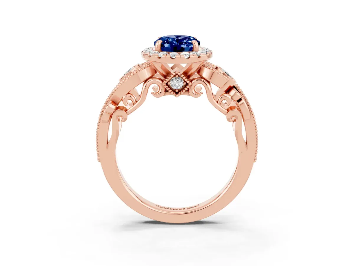 Oval Cut Blue Sapphire Halo Ring with Milgrain Pavé Band and Four-Prong Setting Rose gold