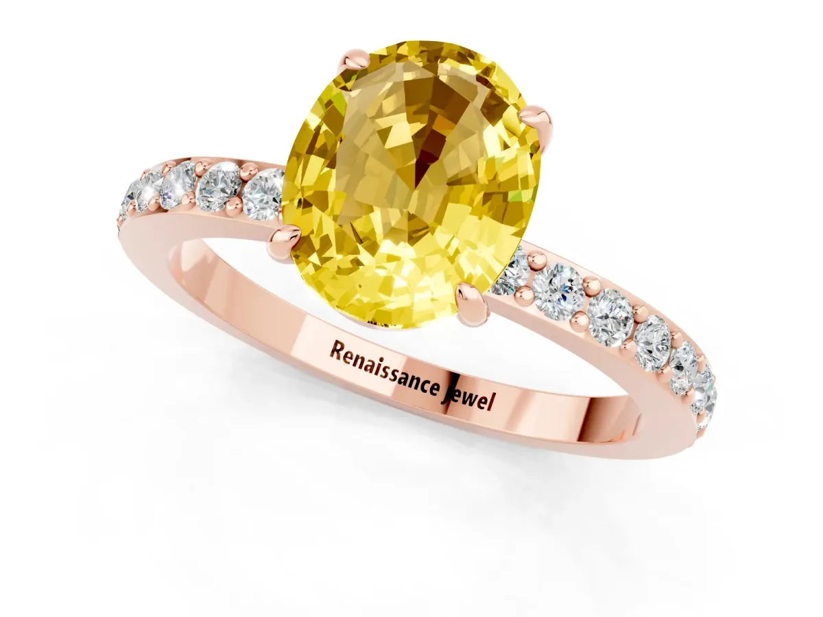 Oval Cut Yellow Sapphire Solitaire Engagement Ring with Pavé Band and Four-Prong Setting Rose gold