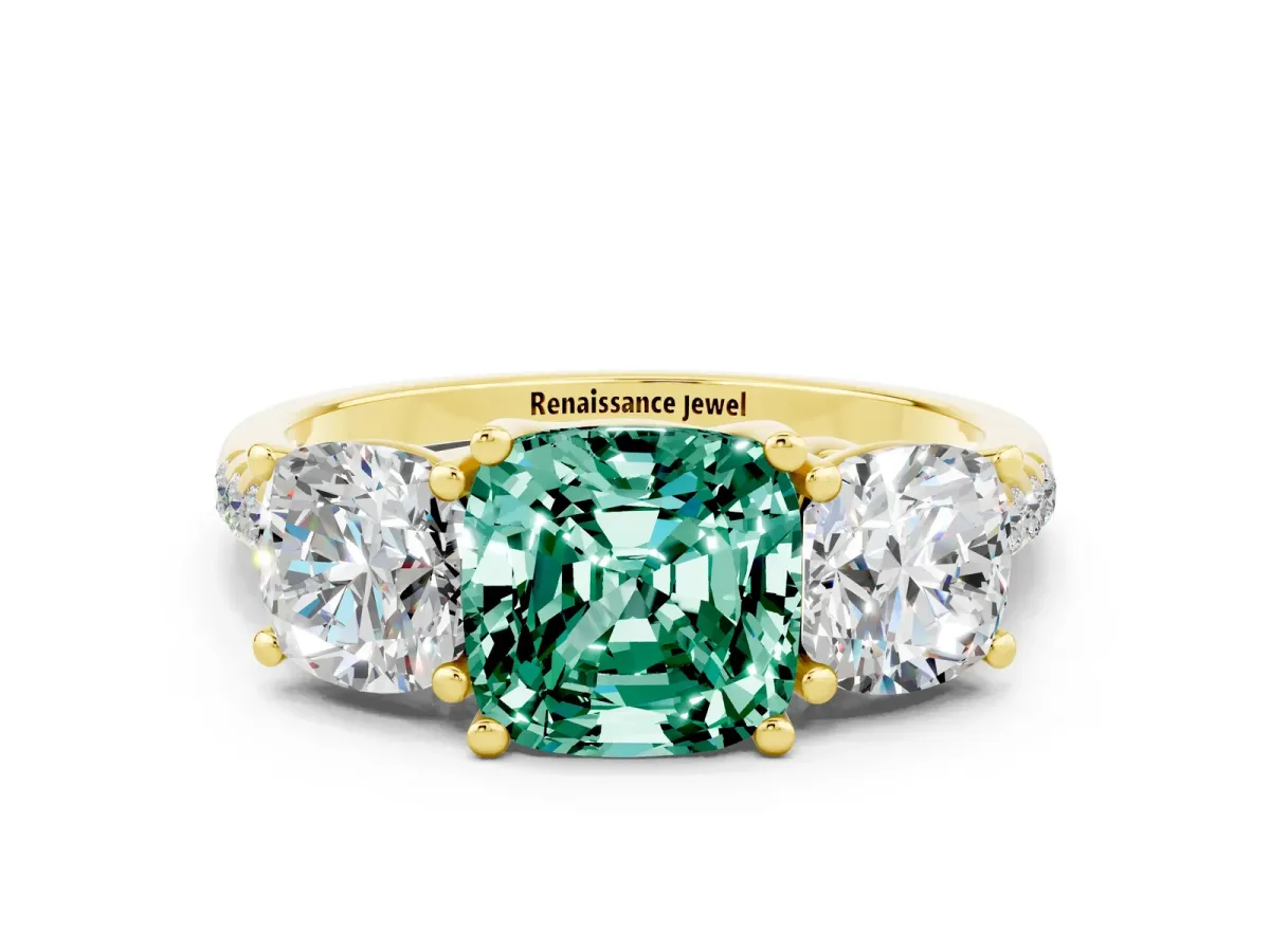 Three-Stone Cushion Cut Green Sapphire Ring with Round Pavé Band and Prong Setting Yellow gold