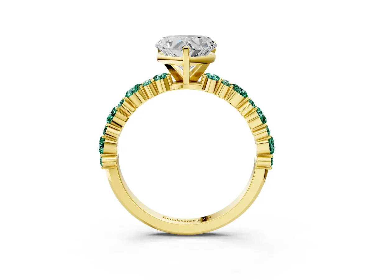 Heart Cut Diamond Side Stone Solitaire Ring with Round Green Sapphire and Four-Prong Setting Yellow gold