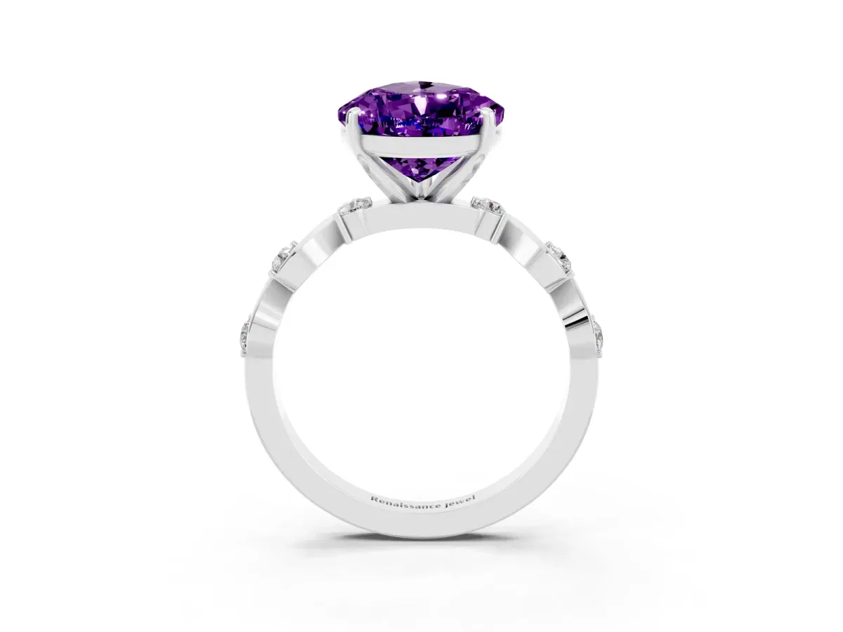 Pear Cut Amethyst Solitaire Twisted Band with Round Accents and Prong Setting Silver
