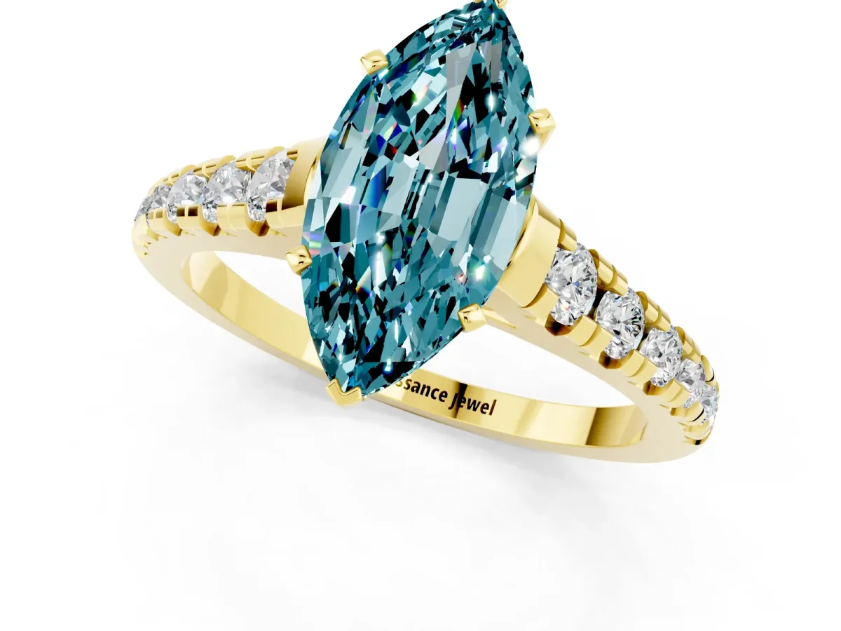 Marquise Cut Blue Topaz Cathedral Solitaire Ring with Round Pavé Band Yellow gold