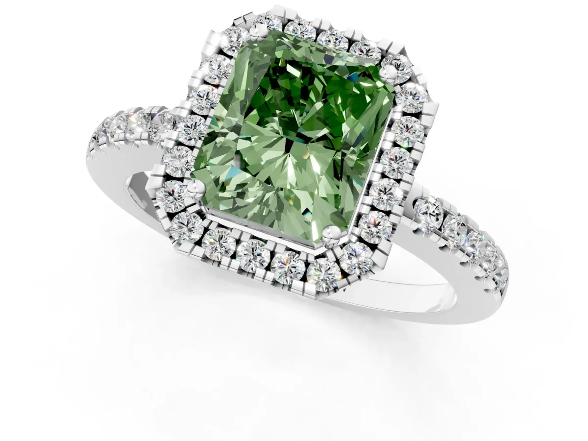 Fancy Green Radiant Cut Halo Diamond Engagement Ring with Pavé Band and Four-Prong Setting Platinum