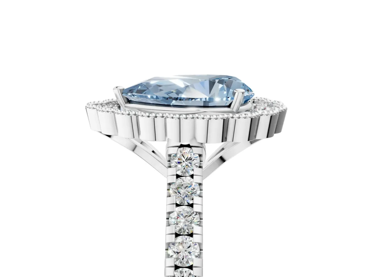 Fancy Blue Pear Cut Cut Diamond Milgrain Floral Halo Engagement Ring with Pavé Band Silver