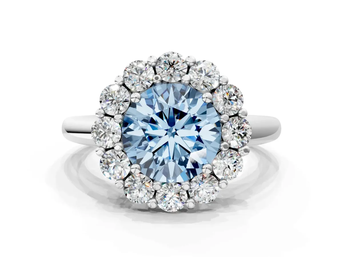 Fancy Blue Round Cut Halo Cluster Diamond Engagement Ring with Prong Setting and Polished Band White gold