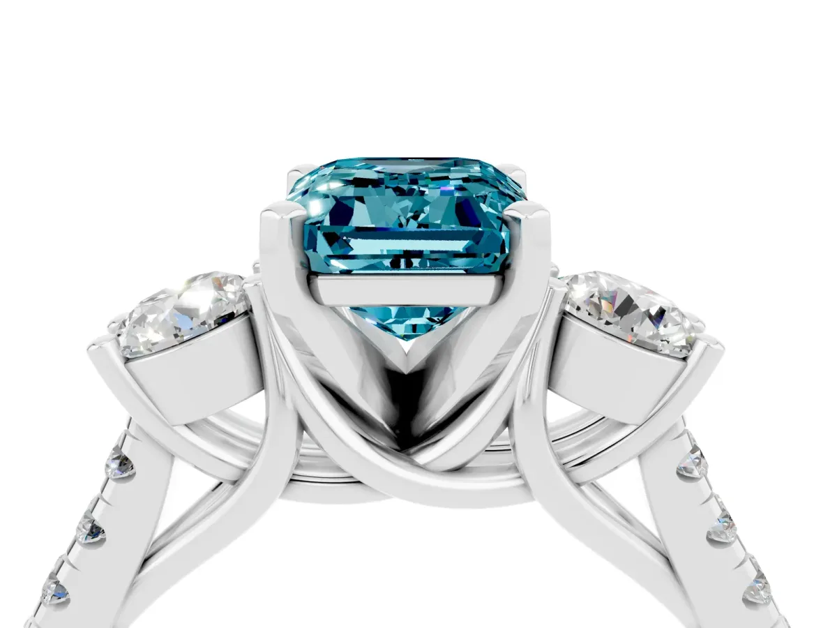 Three-Stone Emerald Cut Blue Topaz Pavé Band with Four-Prong Setting Silver