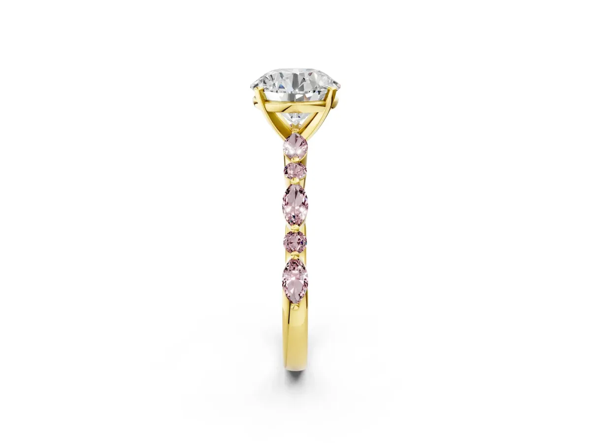 Round Cut Diamond Ring with Marquise and Round Morganite Side Stones and Four-Prong Setting Yellow gold