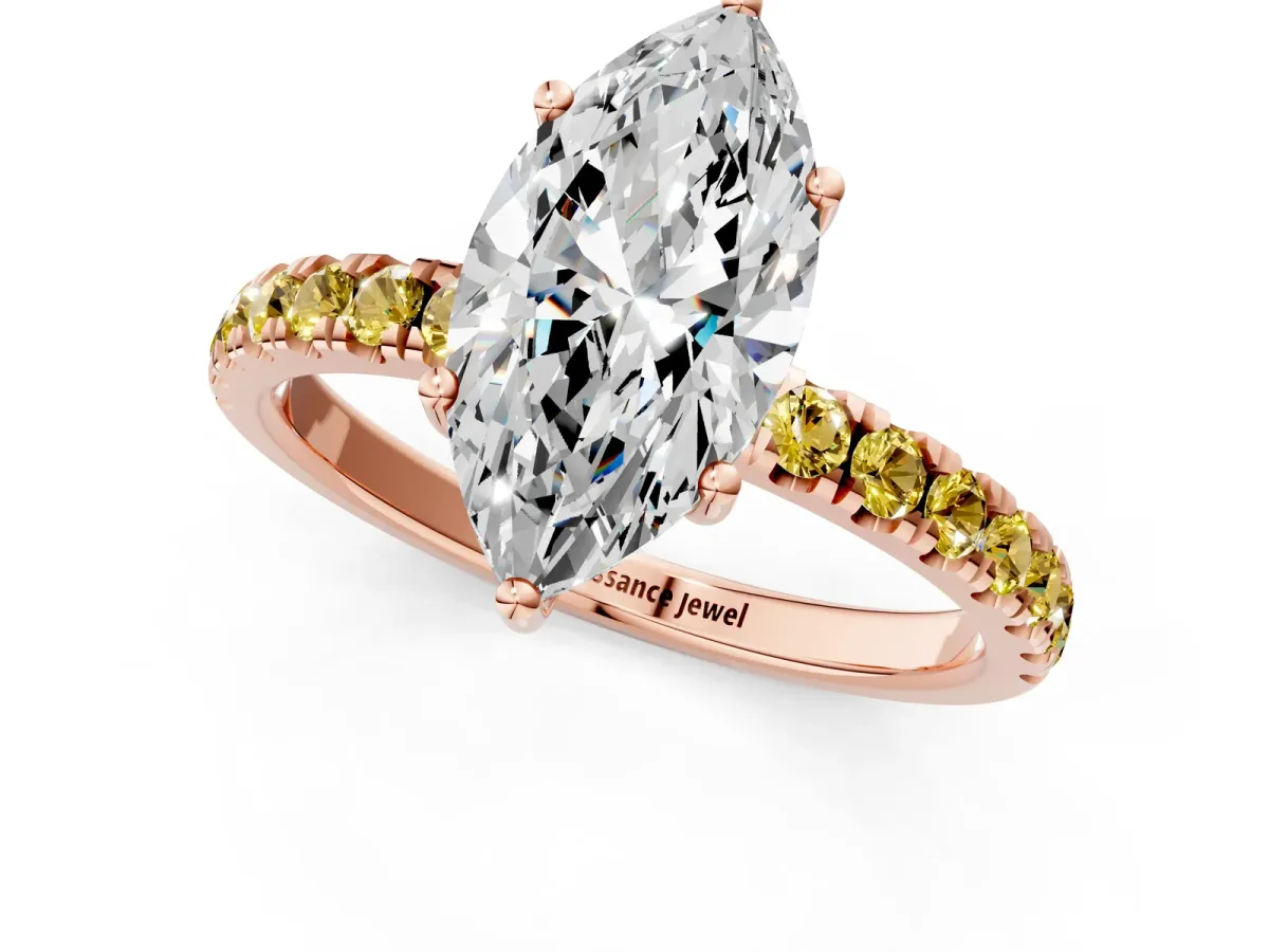 Marquise Cut Diamond Pave Band Solitaire Ring with Round Yellow Sapphire and Prong Setting Rose gold