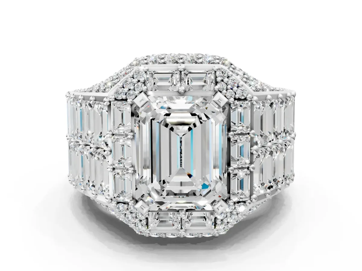 Emerald Cut Diamond Pavé Statement Mens Ring with Baguette Accents White gold