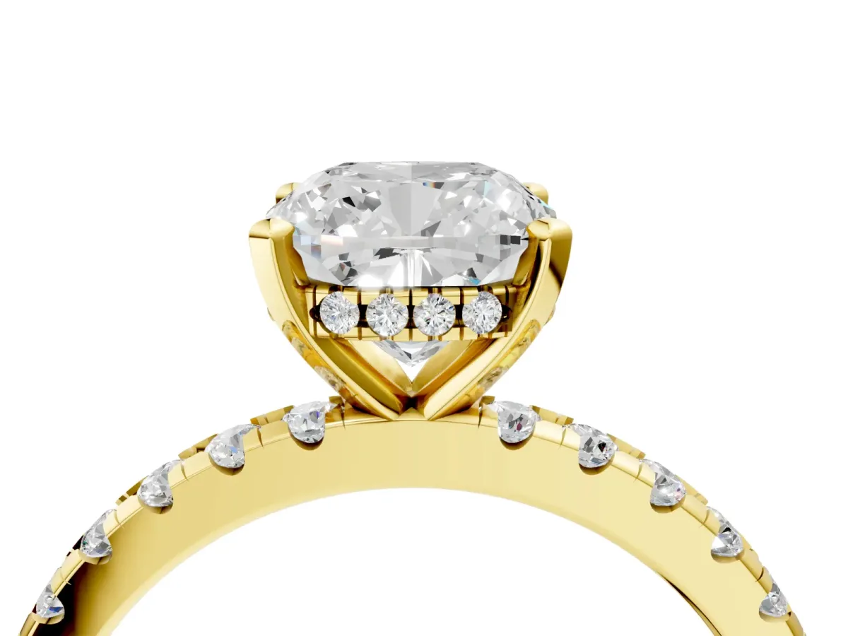 Cushion Cut Diamond Solitaire Ring with Round Moissanite Pavé Band and Four-Prong Setting Yellow gold
