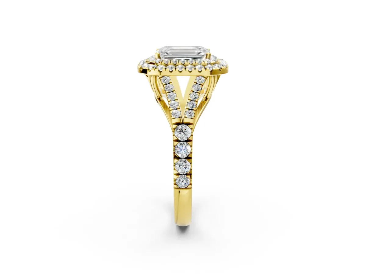 Double Halo Emerald Cut Diamond Split Shank Engagement Ring with Four-Prong Setting Yellow gold