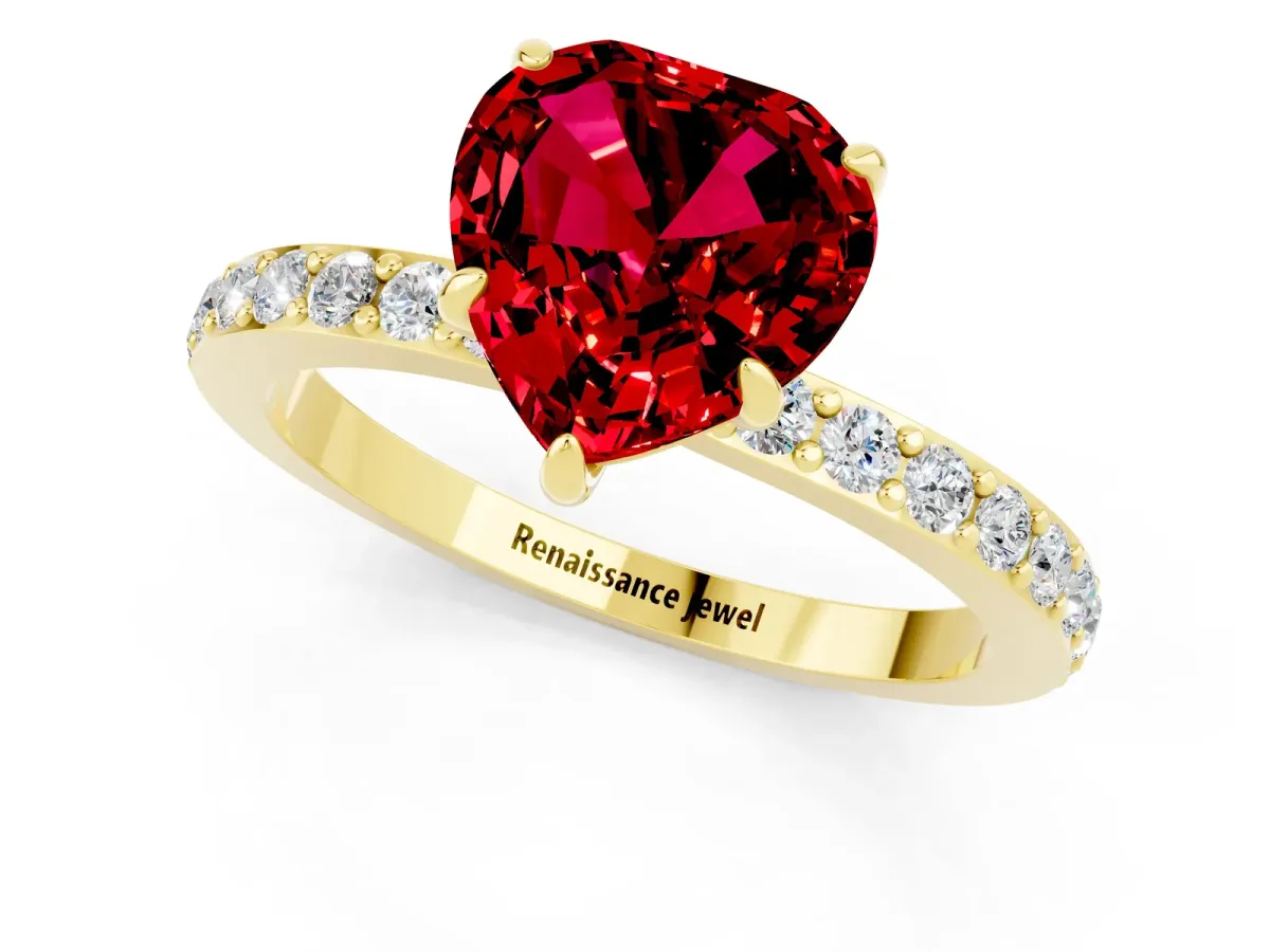 Heart Cut Ruby Solitaire Engagement Ring with Pavé Band and Four-Prong Setting Yellow gold